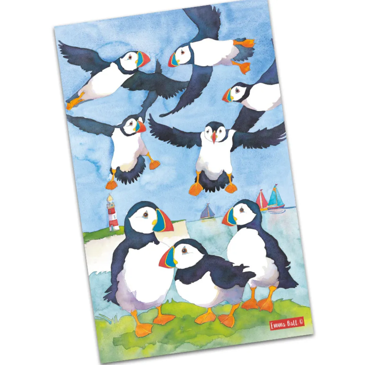 Bright Puffins Tea Towel