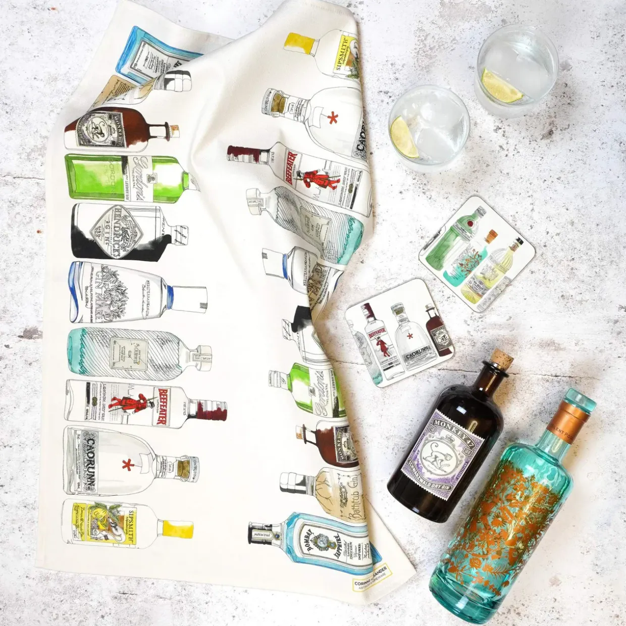Ten Gin Bottles Tea Towel By Corinne Alexander